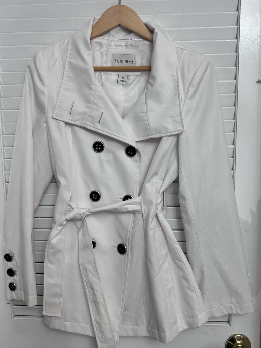 š¤MAKE OFFERš¤ White House Black Market White Double Breasted Trench Jacket MED - Picture 2 of 8